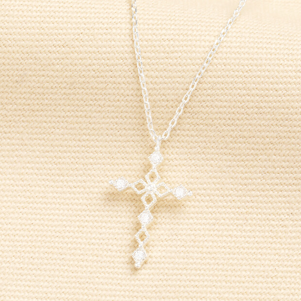 Crystal Cross Pendant Necklace in Silver