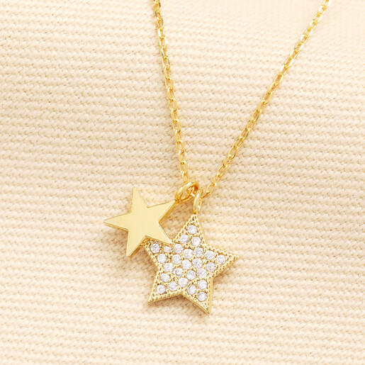 Gold fine trace chain necklace with smooth star and crystal encrusted star charms