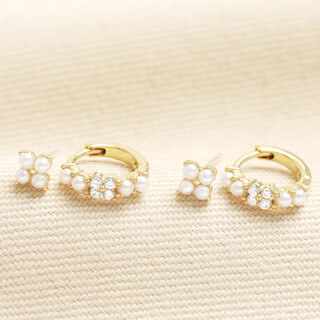 Set of 2 Pearl Stud and Huggie Hoop Earrings in Gold