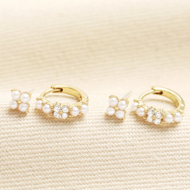Set of 2 Pearl Stud and Huggie Hoop Earrings in Gold
