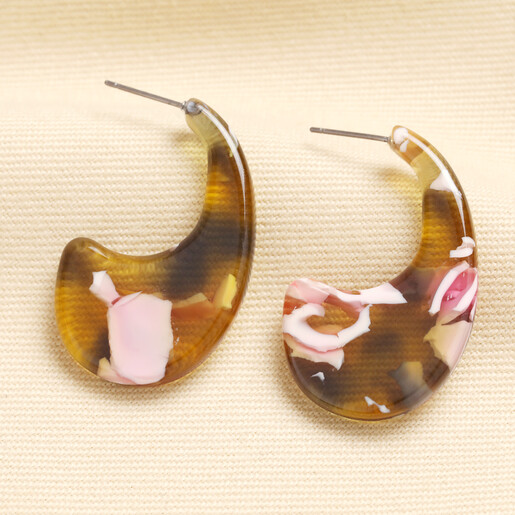 Pink and brown tortoiseshell resin drop earrings with titanium posts