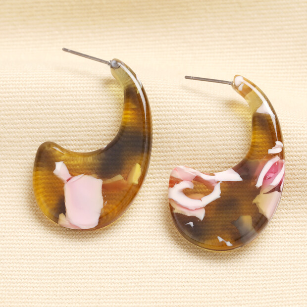 Pink Tortoiseshell Resin Organic Hoop Earrings