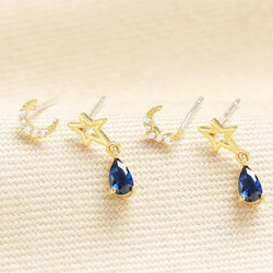 Set of 2 Crystal Moon Stud and Blue Drop Earrings in Gold