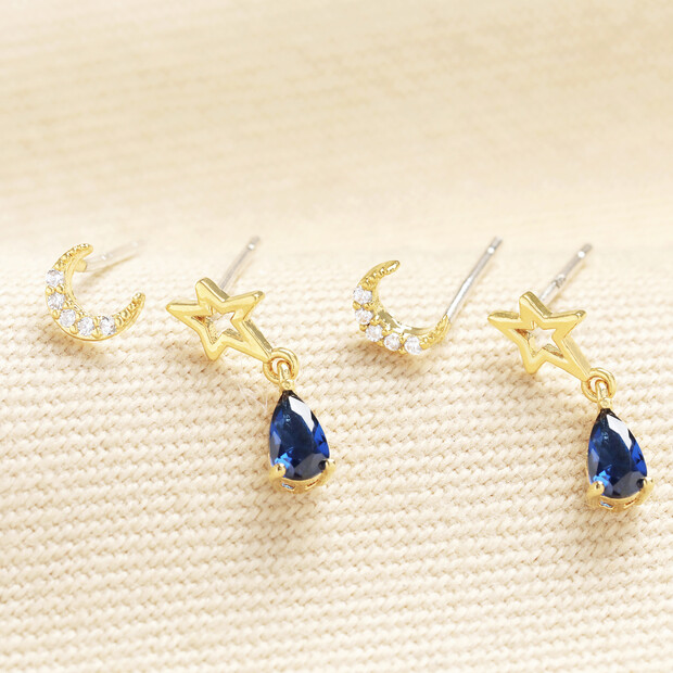 Set of 2 Crystal Moon Stud and Blue Drop Earrings in Gold