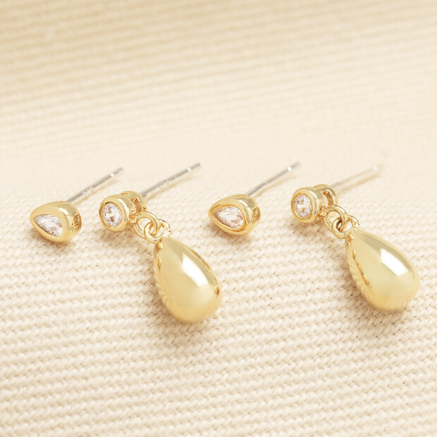 Set of 2 Crystal Stud and Teardrop Earrings in Gold