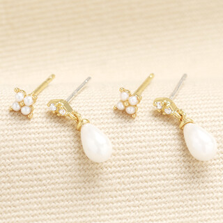 Set of 2 Pearl Stud and Crystal Teardrop Earrings Gold