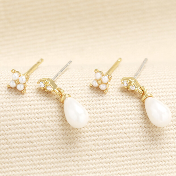 Set of 2 Pearl Stud and Crystal Teardrop Earrings Gold