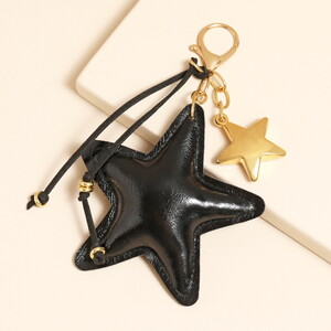 Black Vegan Leather Star Keyring and Bag Charm in Gold