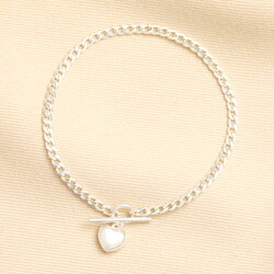 Small T-Bar Heart Charm Chain Bracelet in Silver