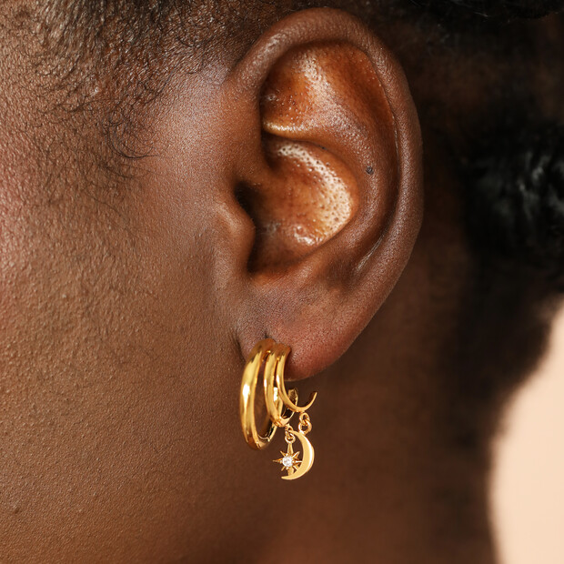 Double Illusion Moon and Star Hoop Earrings in Gold