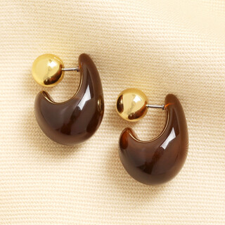 Brown Organic Resin Hoop Earrings with Ball Backs in Gold 
