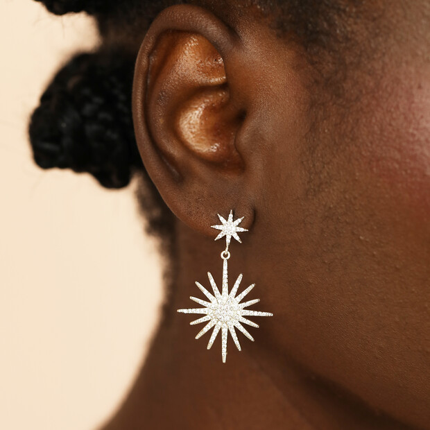 Large Crystal Double Star Drop Earrings in Silver
