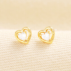 Crystal Heart Outline Stud Earrings in Gold