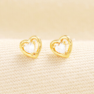 Crystal Heart Outline Stud Earrings in Gold