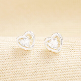 Crystal Heart Outline Stud Earrings in Silver