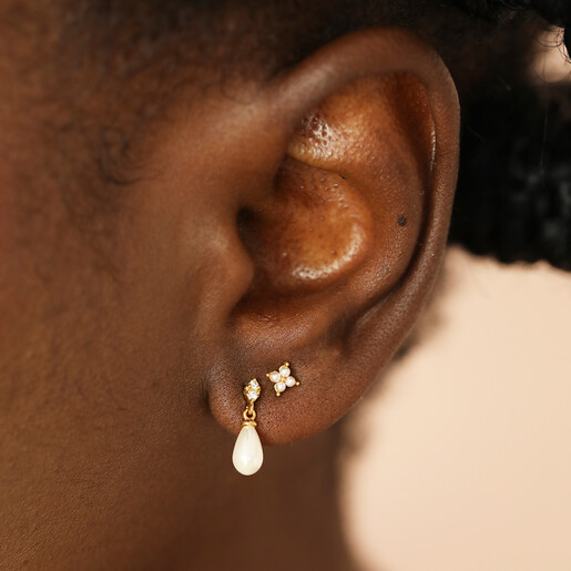 model shot of gold and pearl earrings