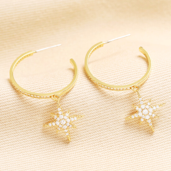 Large Crystal Star Charm Hoop Earrings in Gold