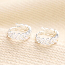 Crystal Leaf Huggie Hoop Earrings in Silver