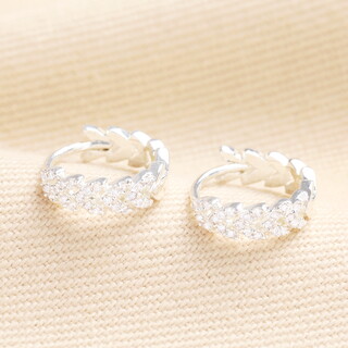 Crystal Leaf Huggie Hoop Earrings in Silver