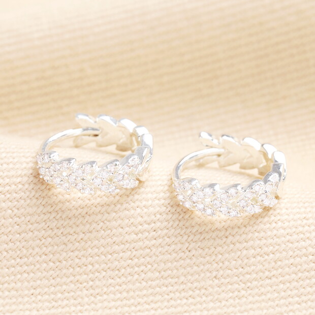 Crystal Leaf Huggie Hoop Earrings in Silver