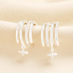 Crystal Illusion Star Drop Hoop Earrings in Silver