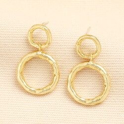 Double Hammered Circle Drop Earrings in Gold
