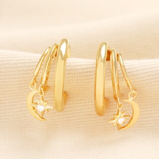Double Illusion Moon and Star Hoop Earrings in Gold