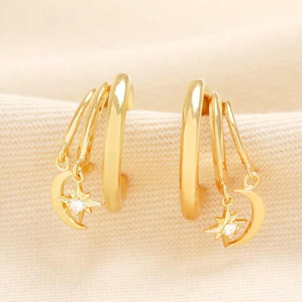 Double Illusion Moon and Star Hoop Earrings in Gold