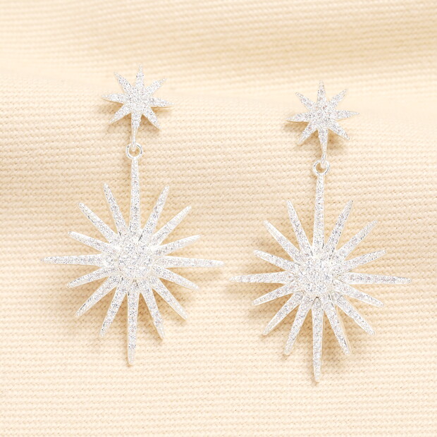 Large Crystal Double Star Drop Earrings in Silver