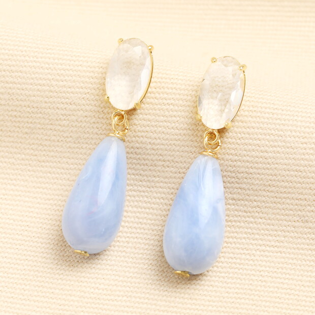 Oval Crystal and Blue Teardrop Earring in Gold