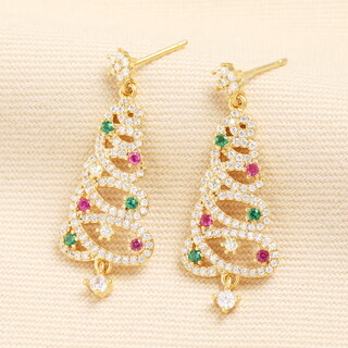 Rainbow Crystal Christmas Tree Drop Earrings in Gold