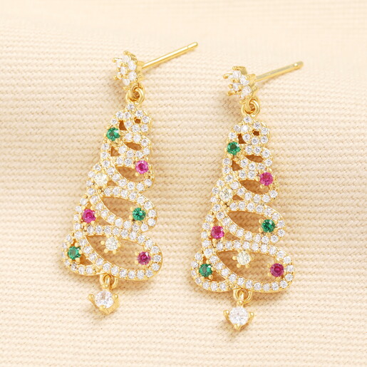 Pair of gold drop earrings shaped like Christmas trees with colourful crystals