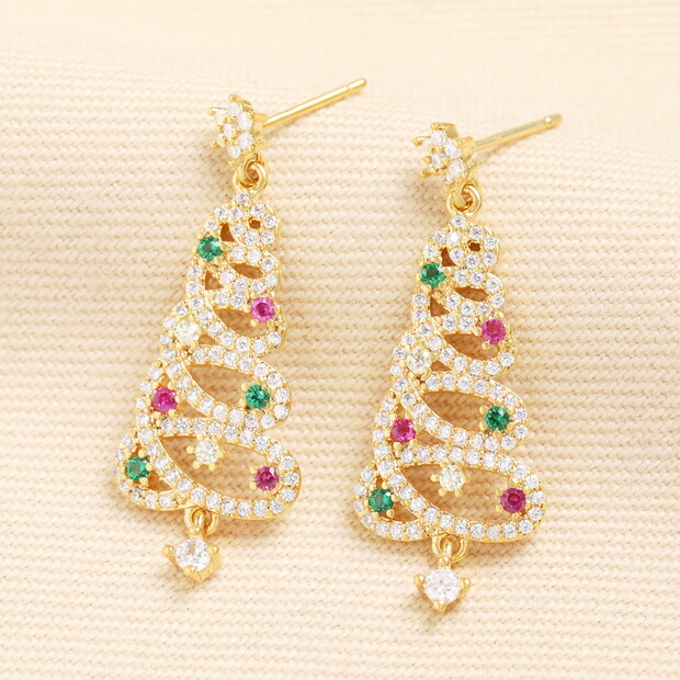 Rainbow Crystal Christmas Tree Drop Earrings in Gold