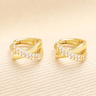Small Crystal Twist Huggie Hoop Earrings in Gold