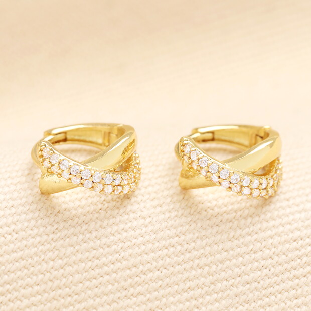 Small Crystal Twist Huggie Hoop Earrings in Gold