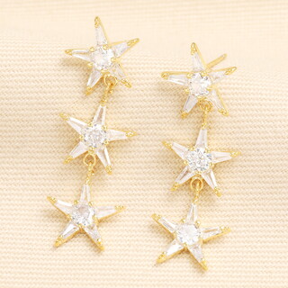 Triple Crystal Star Drop Earrings in Gold