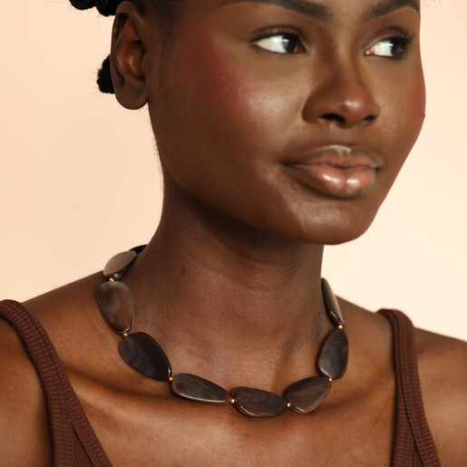 chocolate brown beaded necklace on model