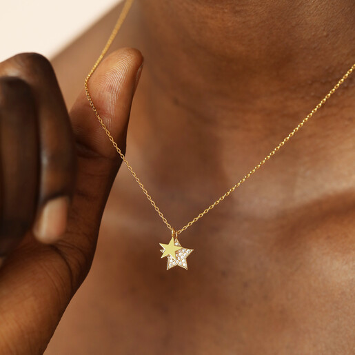 double celestial charm necklace on model