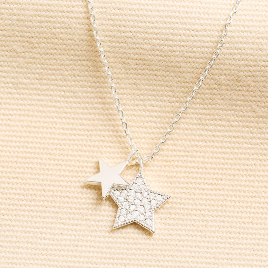 Crystal Double Star Charm Necklace in Silver