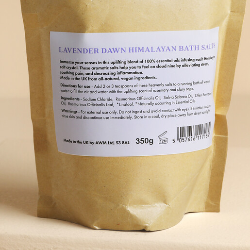 Back of bath salts pouch showing ingredients list and usage directions