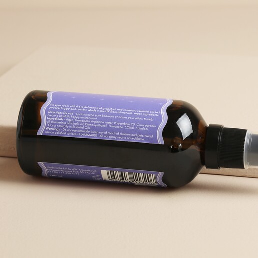 Back of the Ray and Reset room spray bottle detailing directions and ingredients.