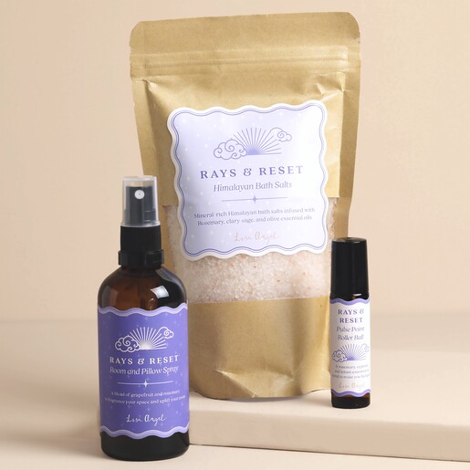 Ray and Reset collection including room spray, bath salts, and pulse point roller.