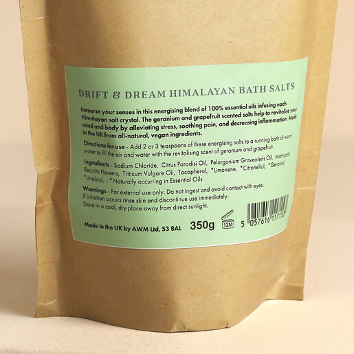 Back of Drift and Dream bath salts pouch showing ingredients and usage