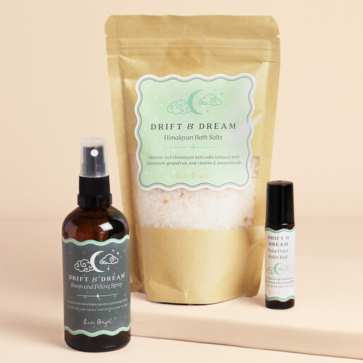 Drift and Dream bath salts pouch with room spray and pulse point roller