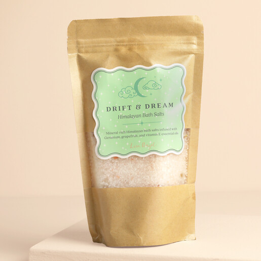 Kraft paper pouch of Drift and Dream pink Himalayan bath salts