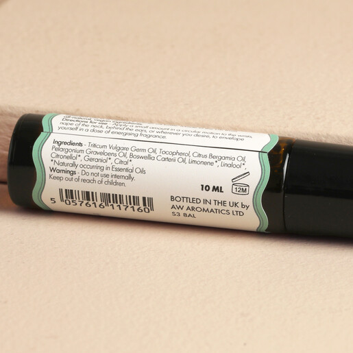 Back label of the Drift and Dream roller ball showing ingredients list