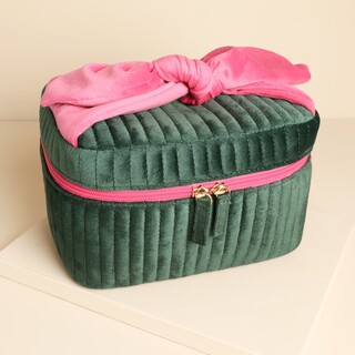 Large Green And Pink Velvet Bow Vanity Makeup Bag