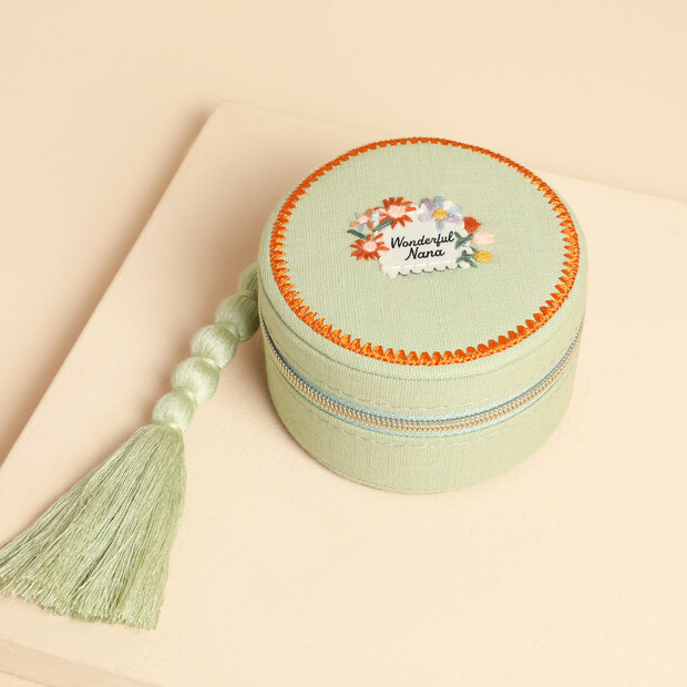 Embroidered Green Wonderful Nana Round Jewellery Case