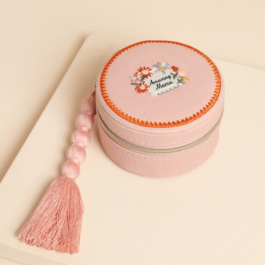 Pink round jewellery case embroidered with Amazing Mama and a beaded tassel pull.