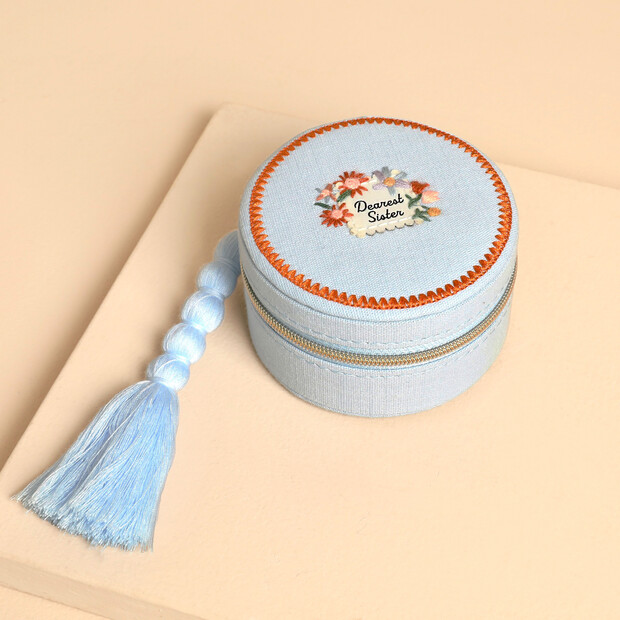 Embroidered Dearest Sister Round Jewellery Case